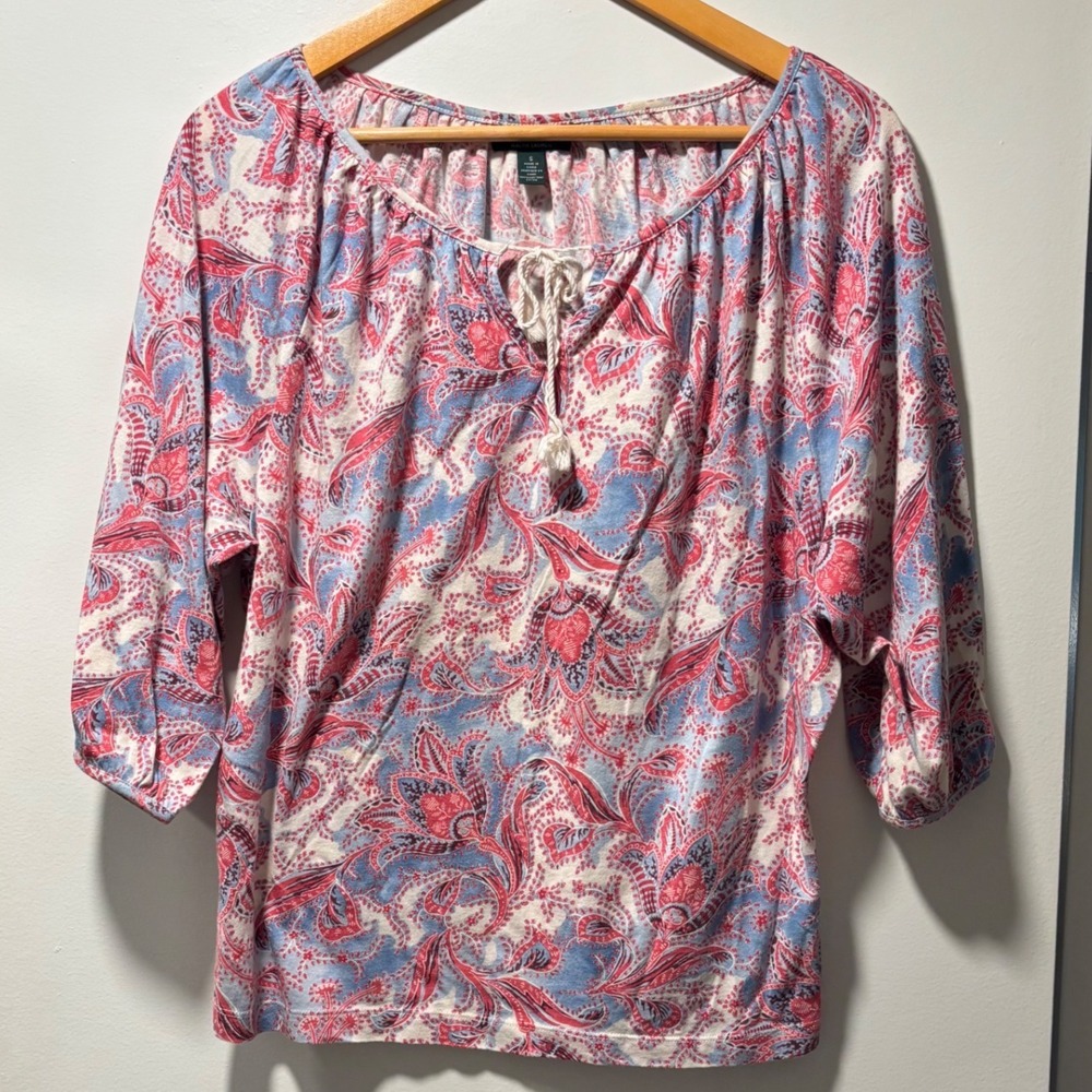 Lauren Ralph Lauren Top Womens S Red Blue Paisley Peasant Blouse Cotton